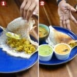 Collage of potato being placed in dosa and plate with masala dosa, sambar, green chutney and red chutney.
