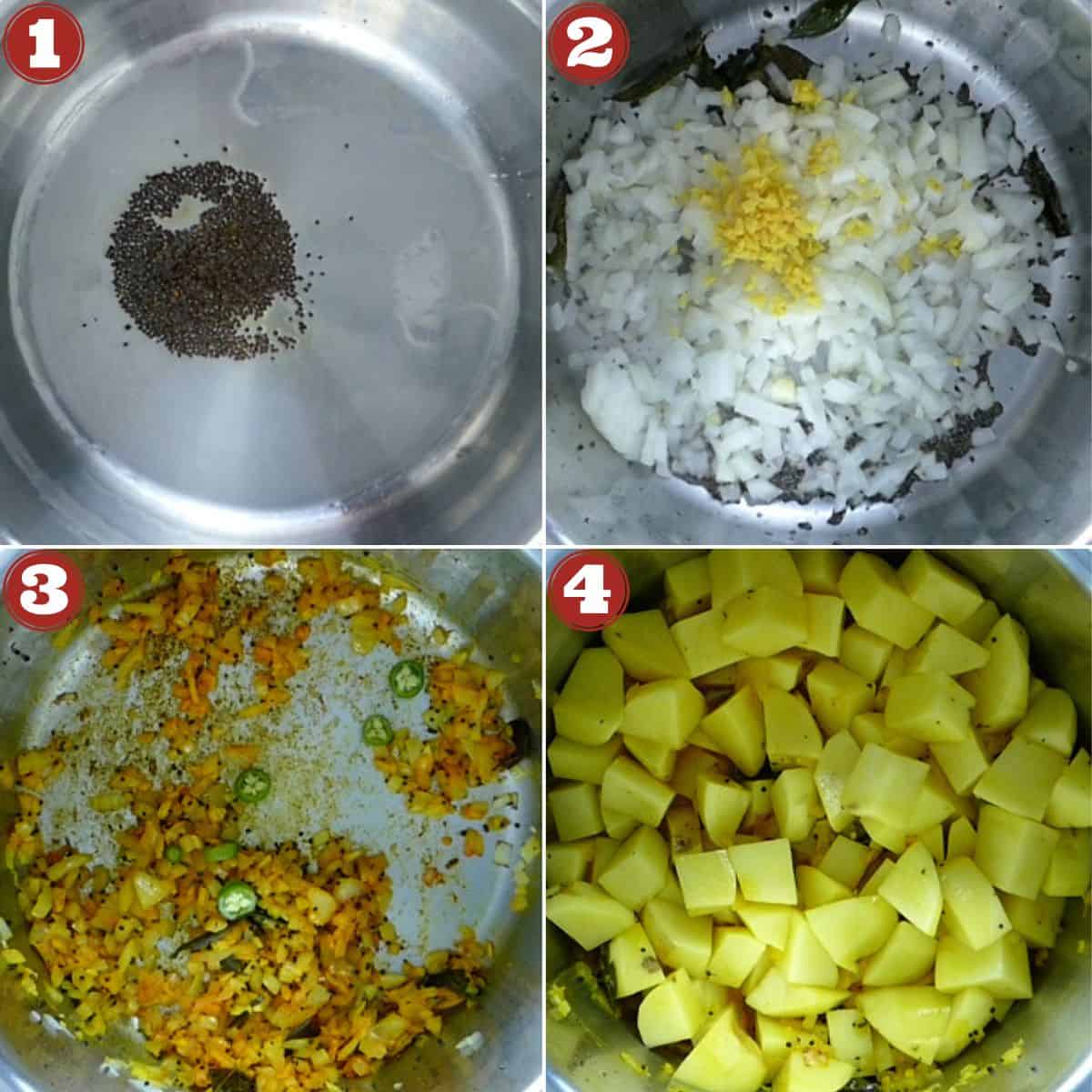 Potato masala steps collage- mustard seeds, onions and ginger, cooked onions, potatoes.