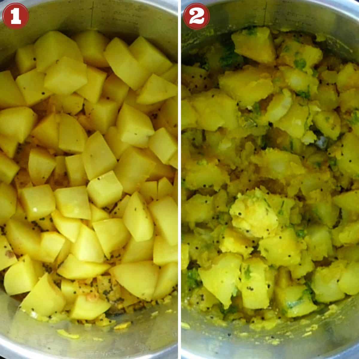 Potato masala cooked and stirred.