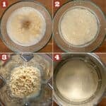 Collage of dosa batter - urad and fenugreek being soaked, rice being soaked, urad in blender, urad batter in pot.