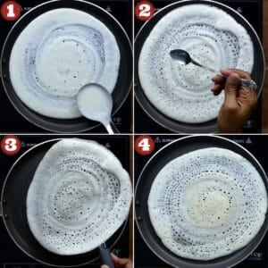 Dosas made in a pan collage. Spread batter, cook first side, flip, cook second side.