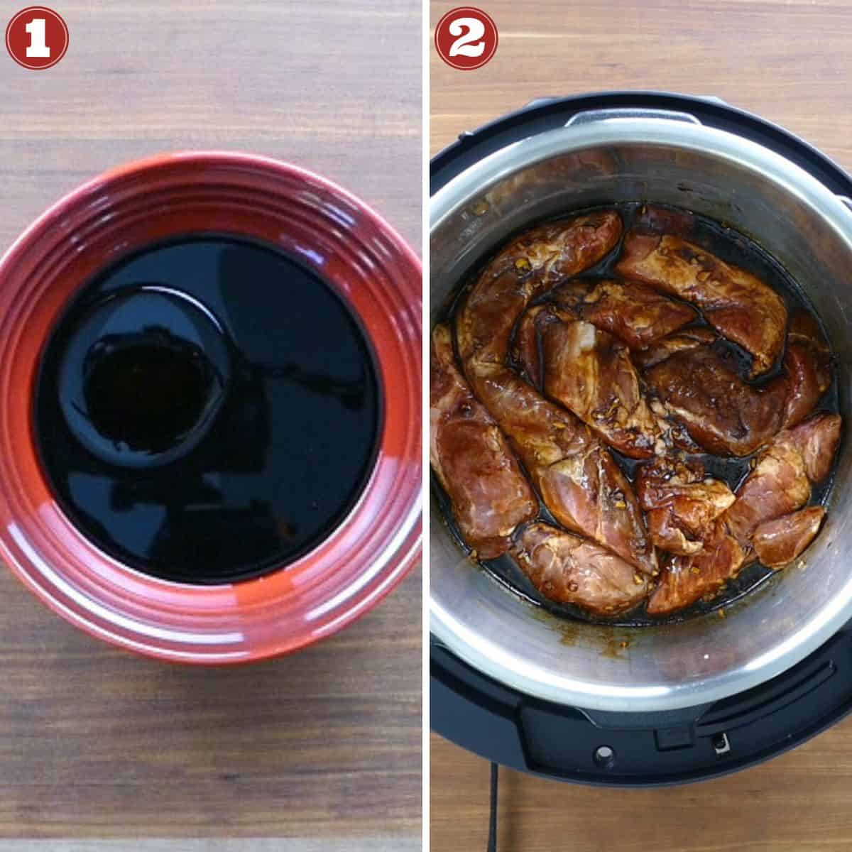 Instant Pot Char Siu Pork collage - marinade in bowl, and marinated pork in Instant Pot.