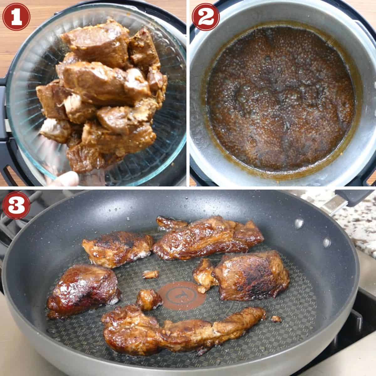 Instant Pot Char Siu Pork collage - pork removed, sauce reducing, pork being fried.