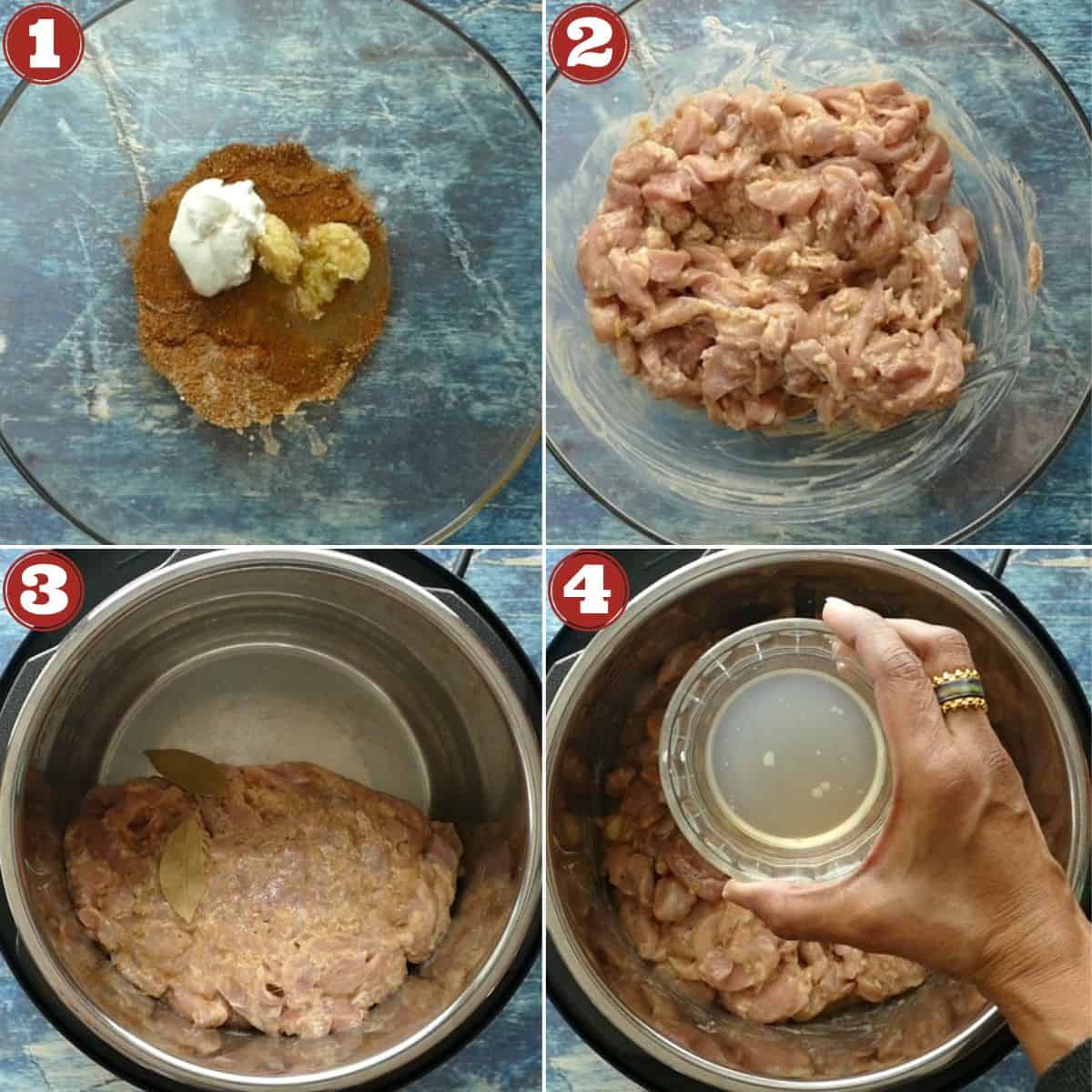 Instant Pot Chicken Shawarma Instruction collage - spices, marinated chicken, chicken in Instant Pot.