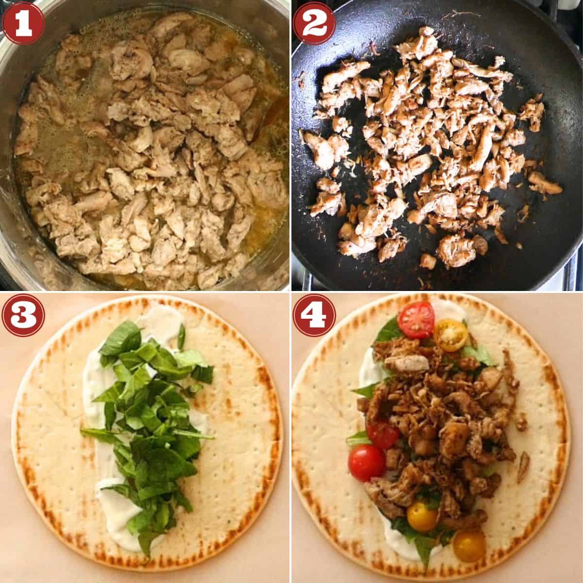 Instant Pot Chicken Shawarma instructions - chicken cooked, sauteed, assembled on pita.