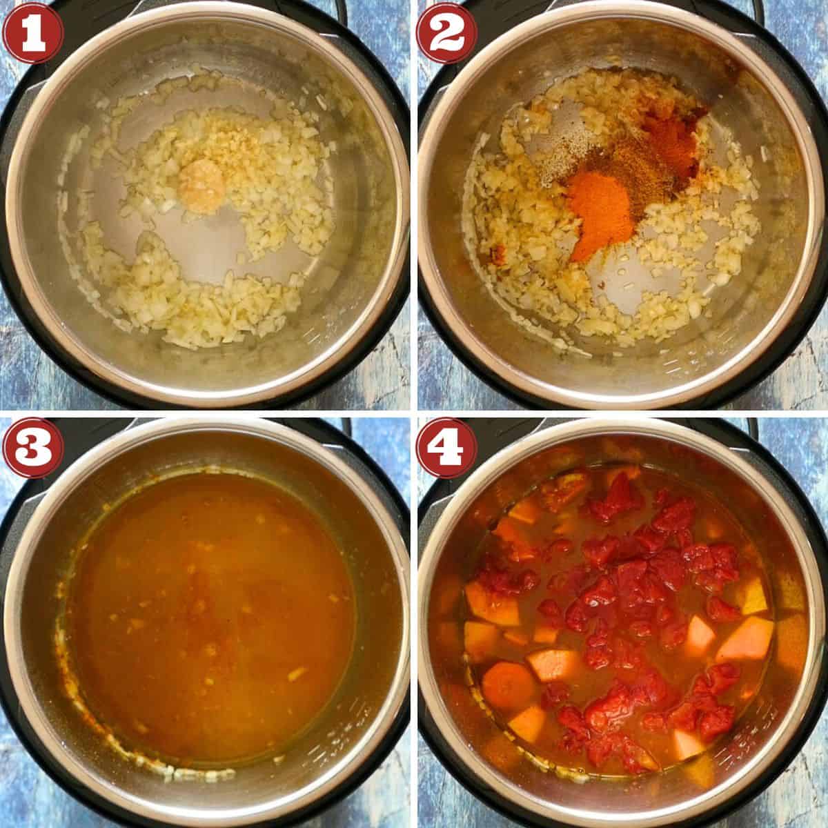 Instant Pot Moroccan Vegetarian Stew collage - onions, spices, broth, vegetables.