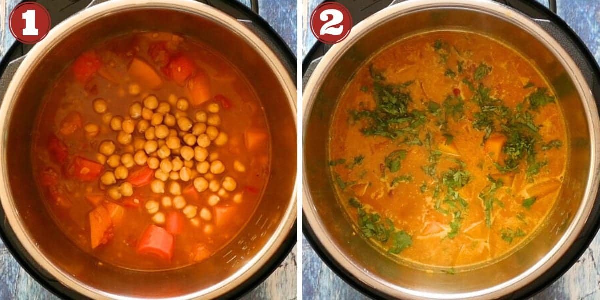 Instant Pot Moroccan Vegetarian Stew collage - chickpeas, cilantro added.