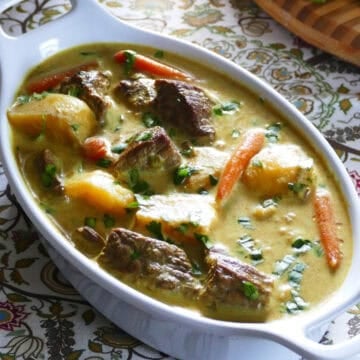 Instant Pot beef curry in oval dish.